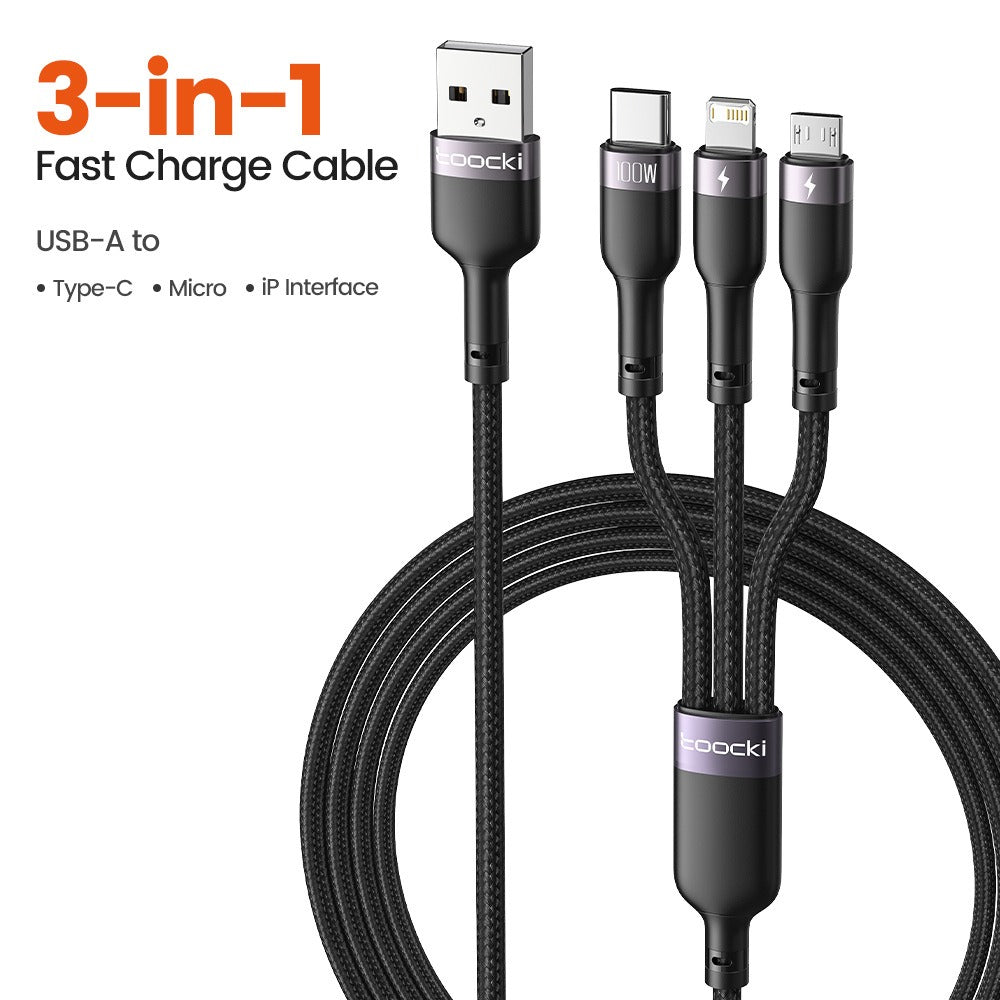 One to three 100W fast charging data compatible with Apple Typec Android phone braided charging cable