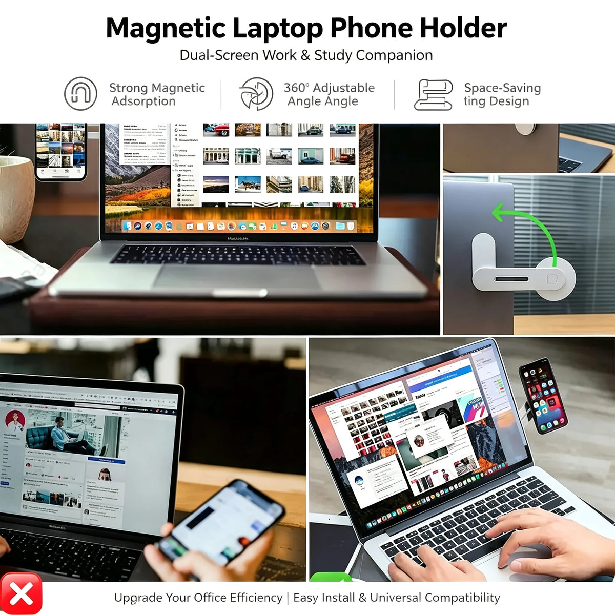 Slim Foldable Magnetic Phone Holder — Attaches to Laptop, Monitor & Metal Surfaces