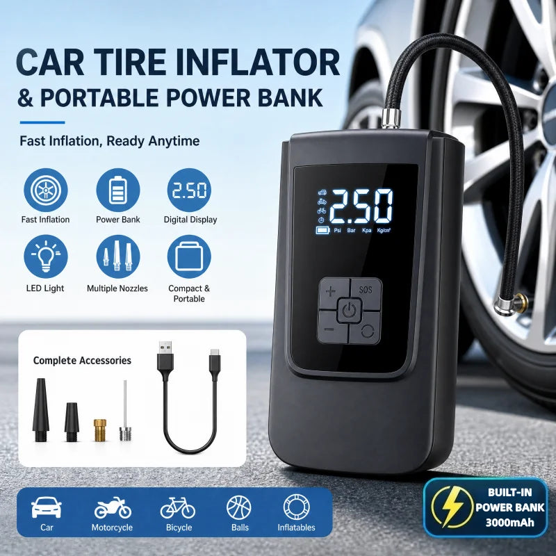 Portable Electric Tire Inflator Pump Tire Pressure Monitor for Cars and Motorcycles Emergency Inflator with Digital Pressure