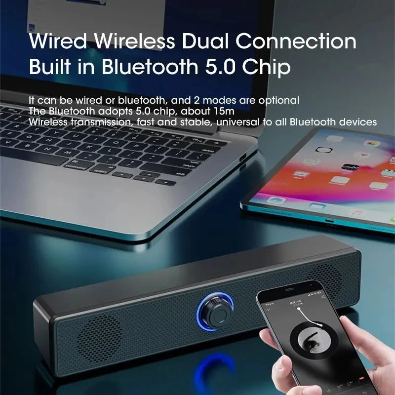 Bluetooth Soundbar Speaker for PC, TV & Laptop — Wired + Wireless with 3D Surround Sound