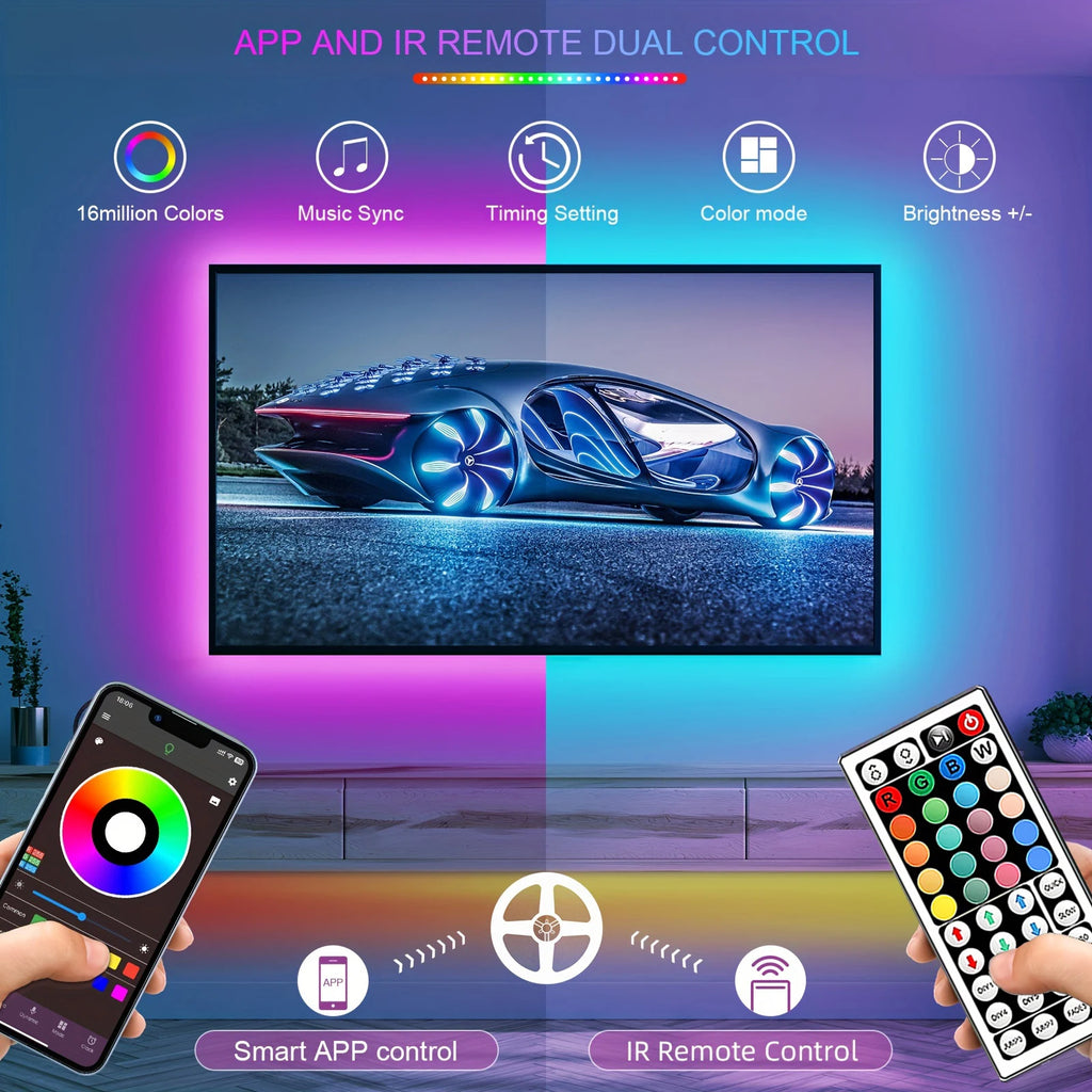 RGB LED Strip Lights with APP Control — Flexible Ribbon Tape Light for Room & Bedroom Decor