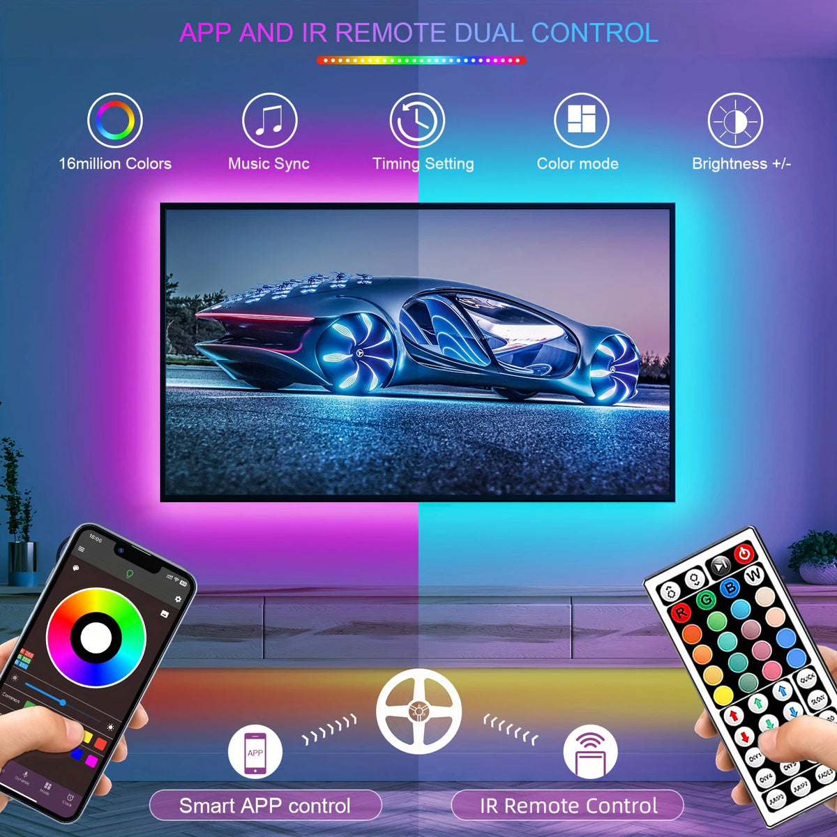 RGB LED Strip Lights with APP Control — Flexible Ribbon Tape Light for Room & Bedroom Decor