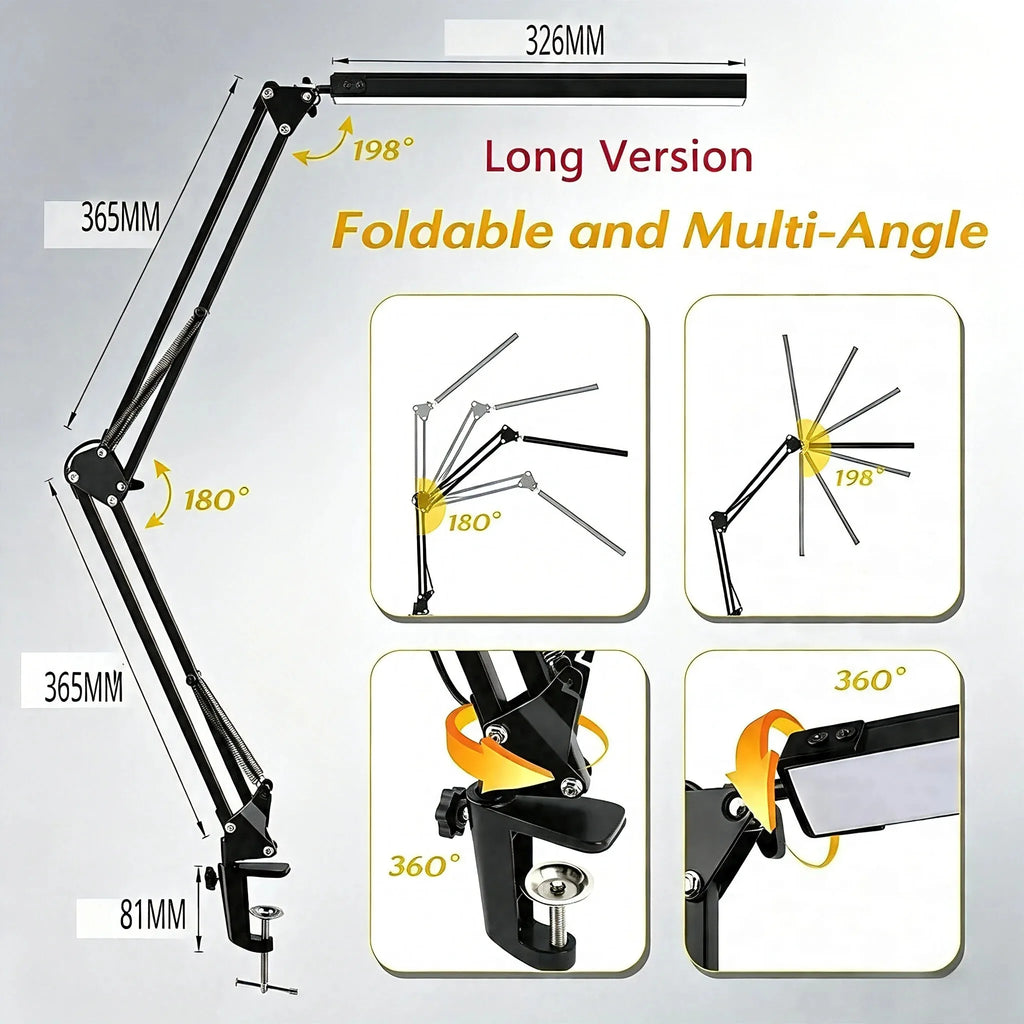 LED Desk Lamp with Clamp 10W Swing Arm Desk Lamp Eye-Caring Dimmable Desk Light with 10 Brightness Level, 3 Lighting Modes