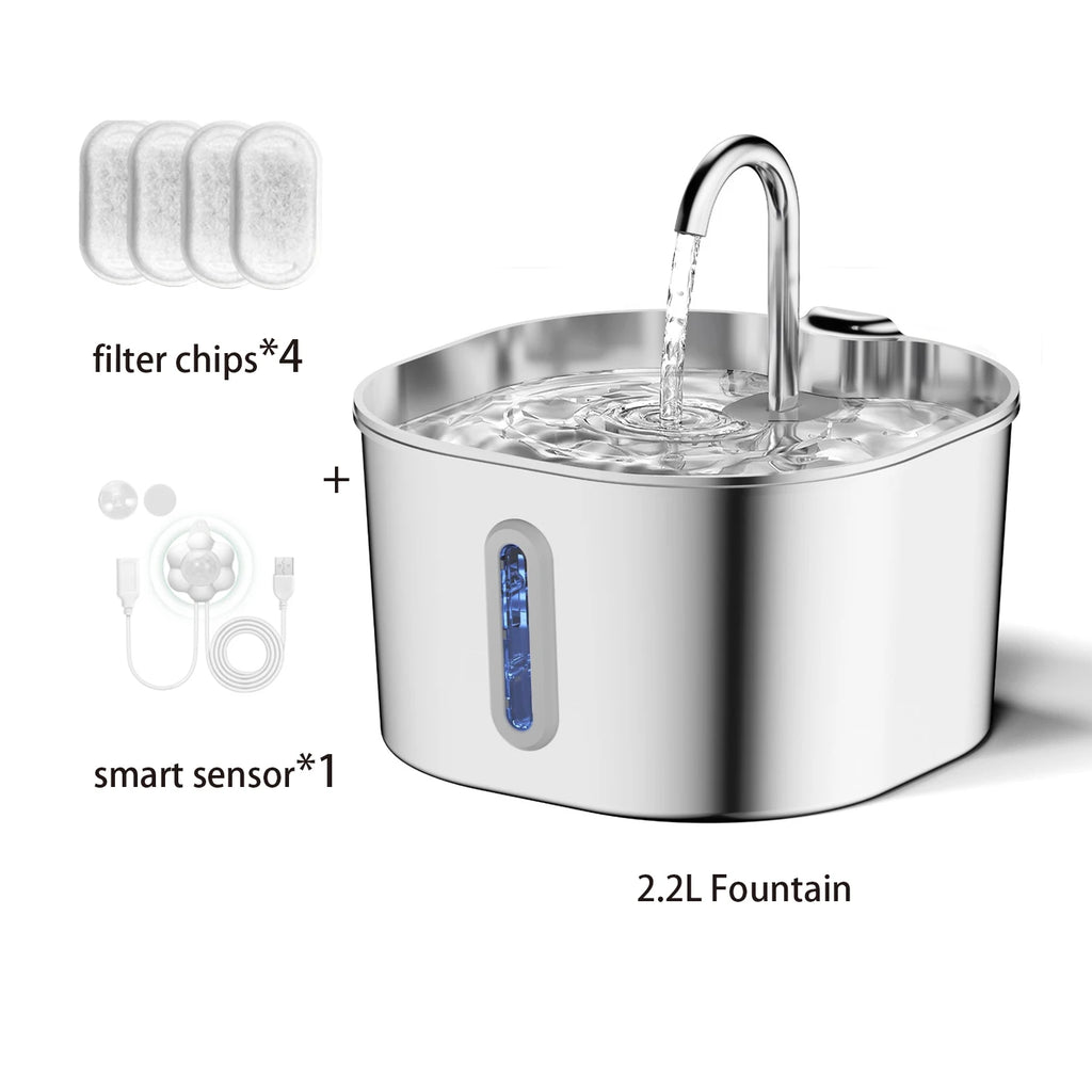 Automatic Stainless Steel Pet Water Fountain — 2.2L with Sensor and Filters