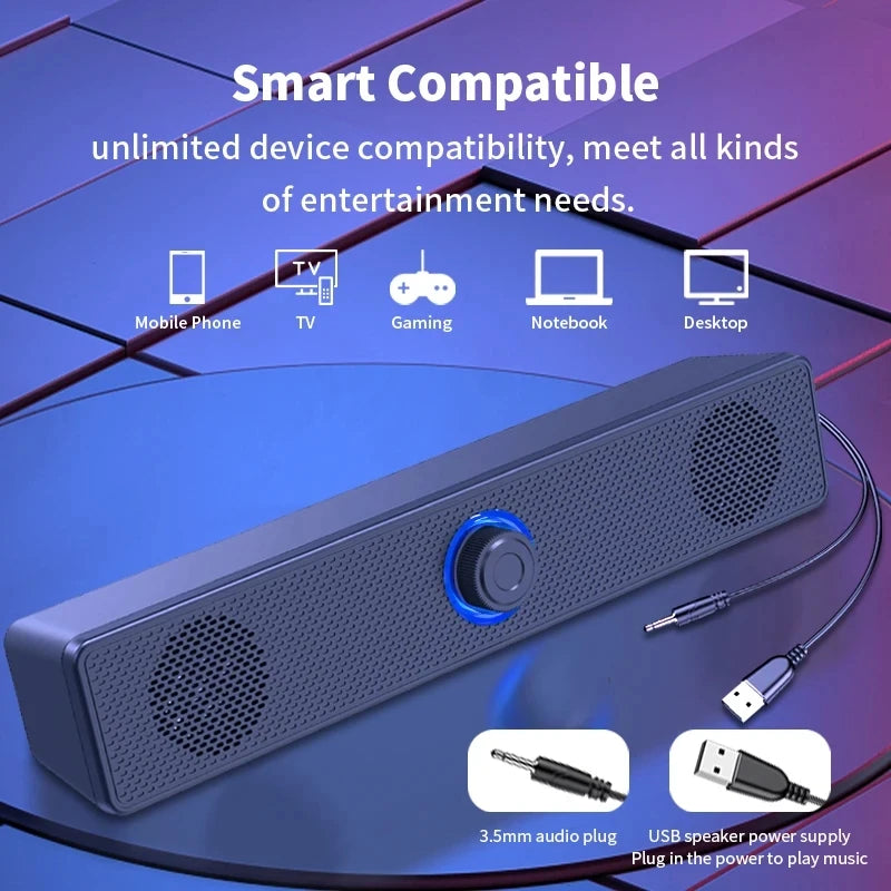 Bluetooth Soundbar Speaker for PC, TV & Laptop — Wired + Wireless with 3D Surround Sound