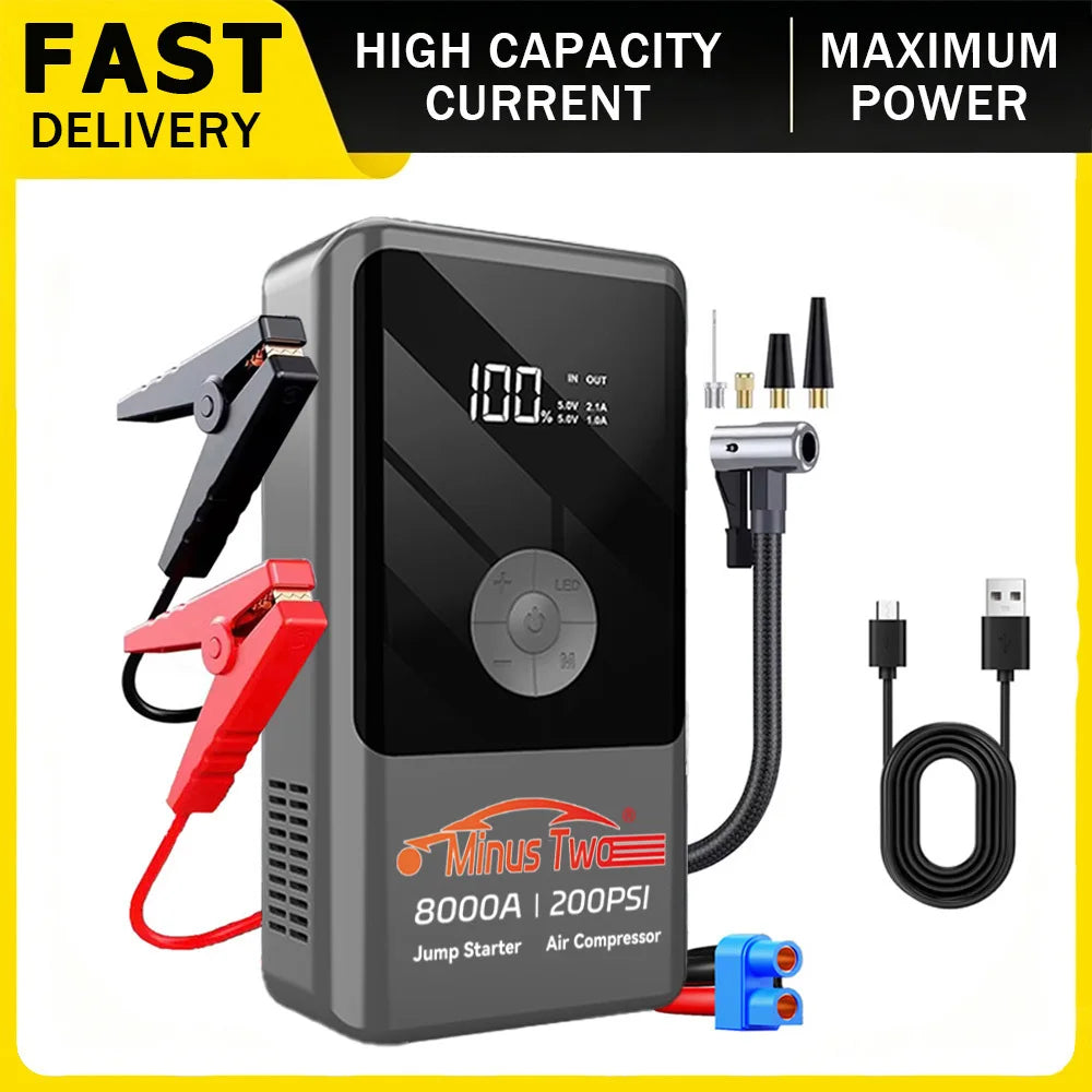 Car Jump Starter Power Bank Portable 150PSI Air Pump Battery Emergency Booster Starting Device Car Starter 2026.