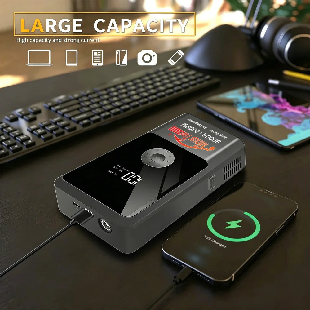 Car Jump Starter Power Bank Portable 150PSI Air Pump Battery Emergency Booster Starting Device Car Starter 2026.