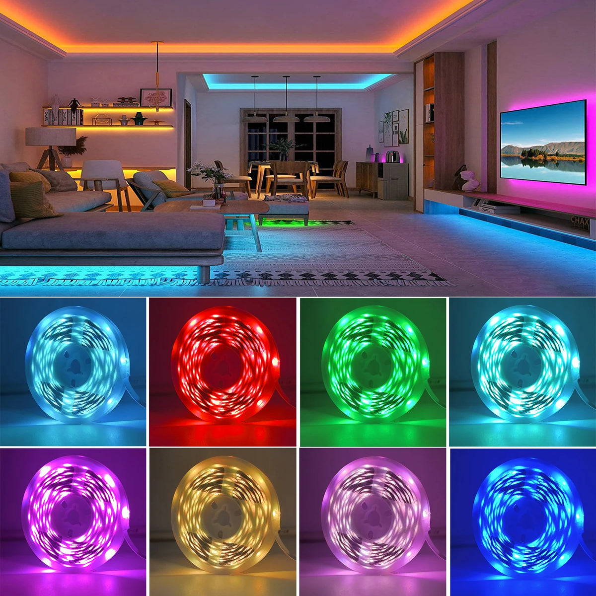 RGB LED Strip Lights with APP Control — Flexible Ribbon Tape Light for Room & Bedroom Decor