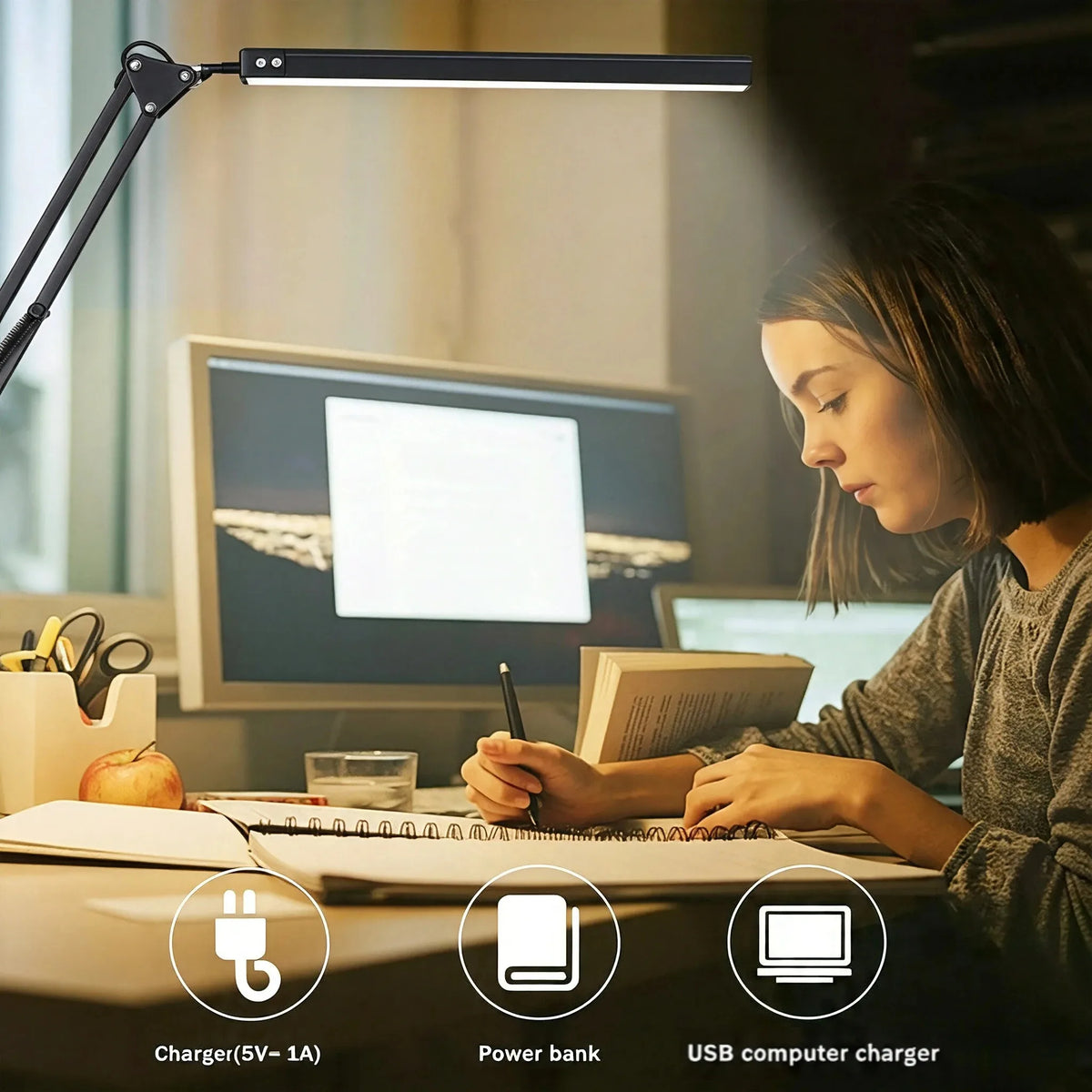 LED Desk Lamp with Clamp 10W Swing Arm Desk Lamp Eye-Caring Dimmable Desk Light with 10 Brightness Level, 3 Lighting Modes